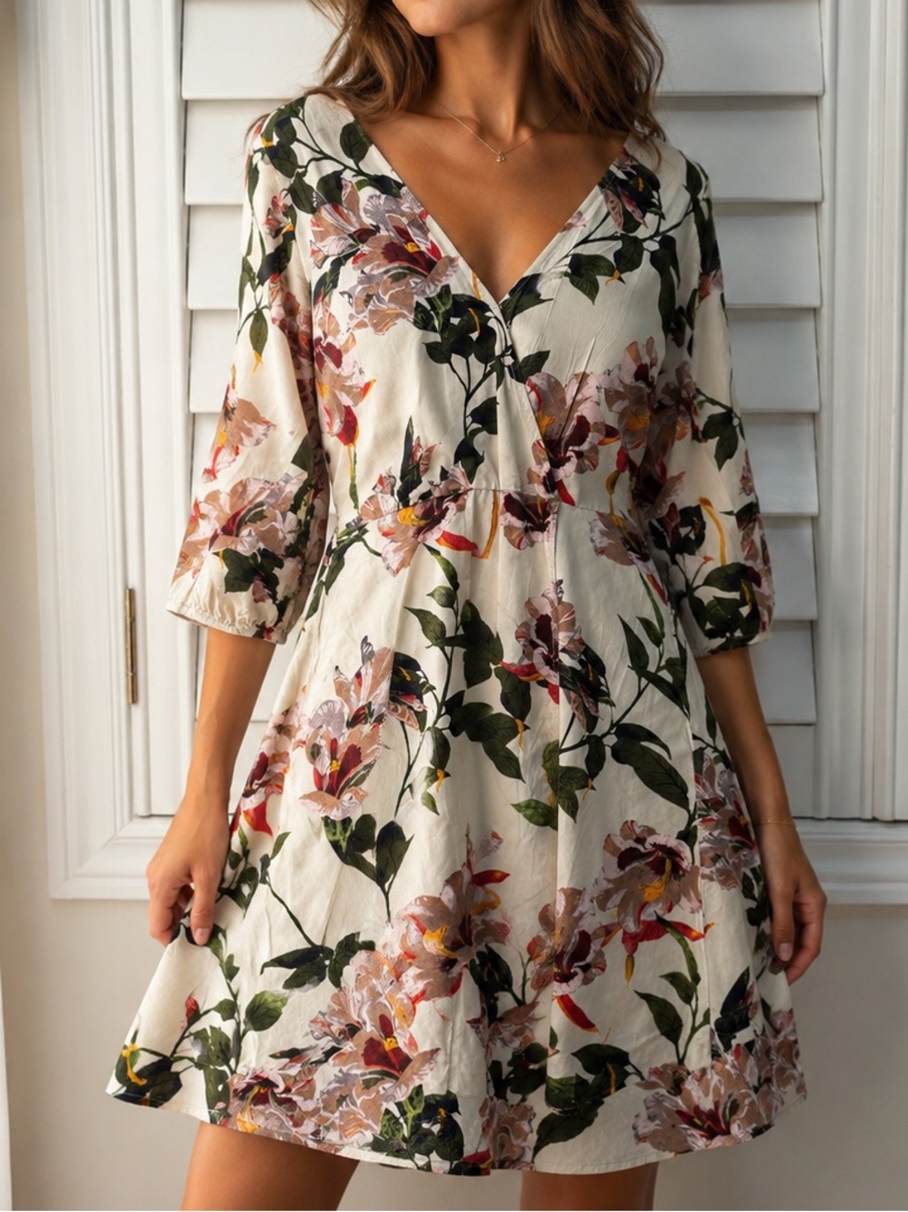 Only Cream Floral V-Neck Mini Dress with Green Leaves